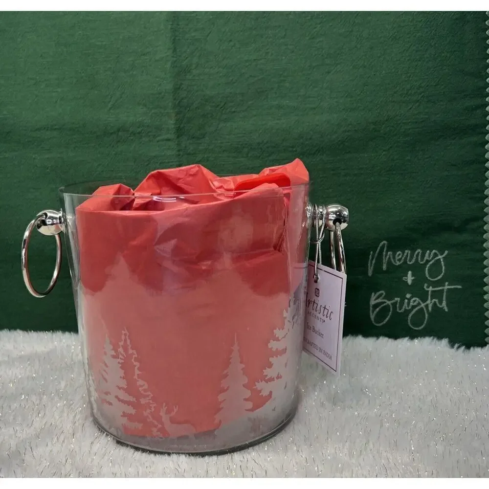 Ice Bucket Glass Etched Evergreen Trees‎ Christmas Trees Silver Handles 6” NEW